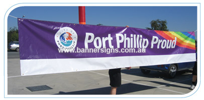 8m by .8m blue vinyl PVC banner finished with ropes and eyelets